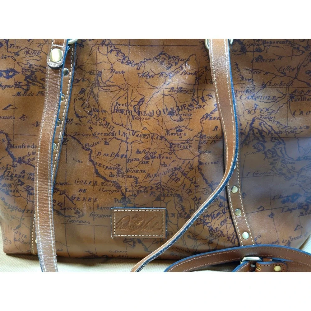 Women's Patricia Nash Benvenuto Italy Leather Tote Map Print Crossbody Bag Tan